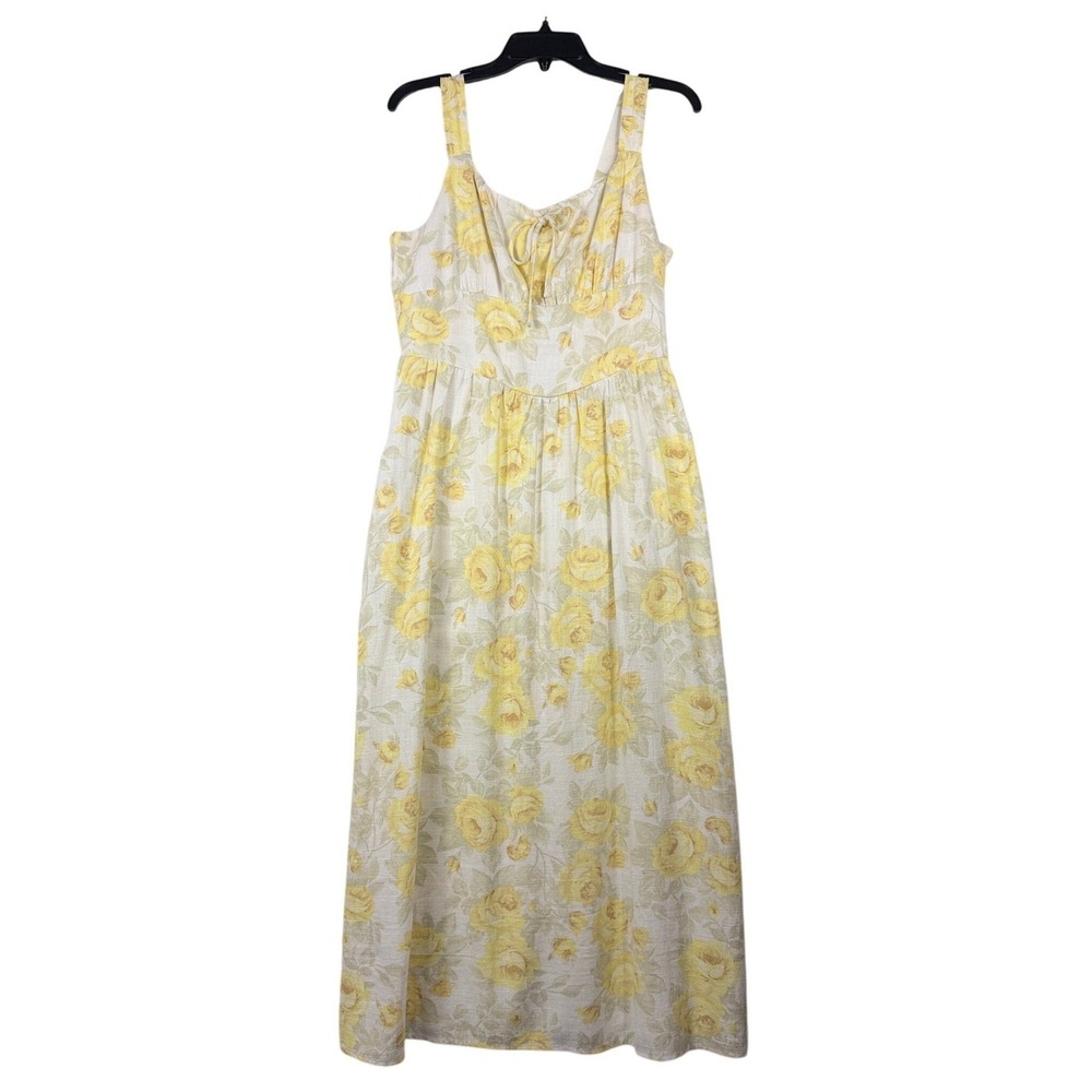 Monteau Los Angeles Yellow Floral Linen Blend Smocked Maxi Dress‎ Large 502443-3